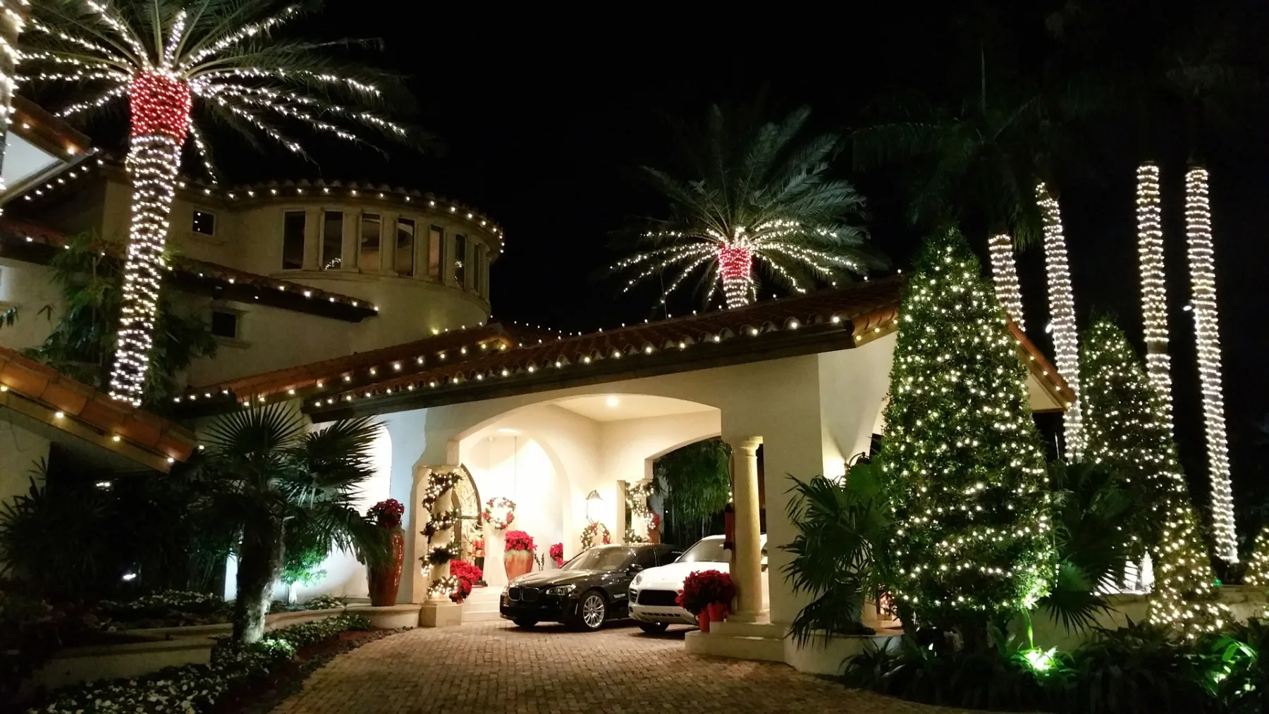 Home and palm trees decorated with Christmas lights
